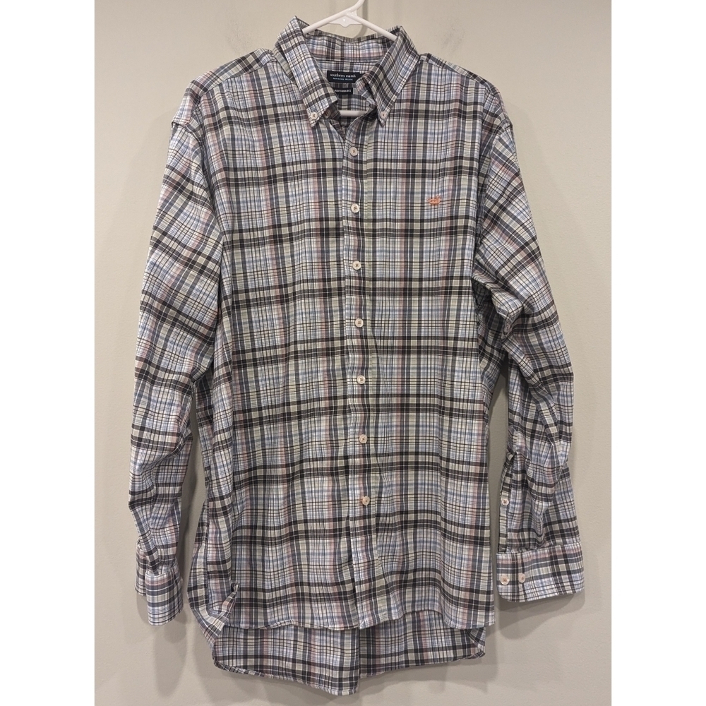 Southern Marsh Plaid Long Sleeve Performance Button Up Shirt Size Large